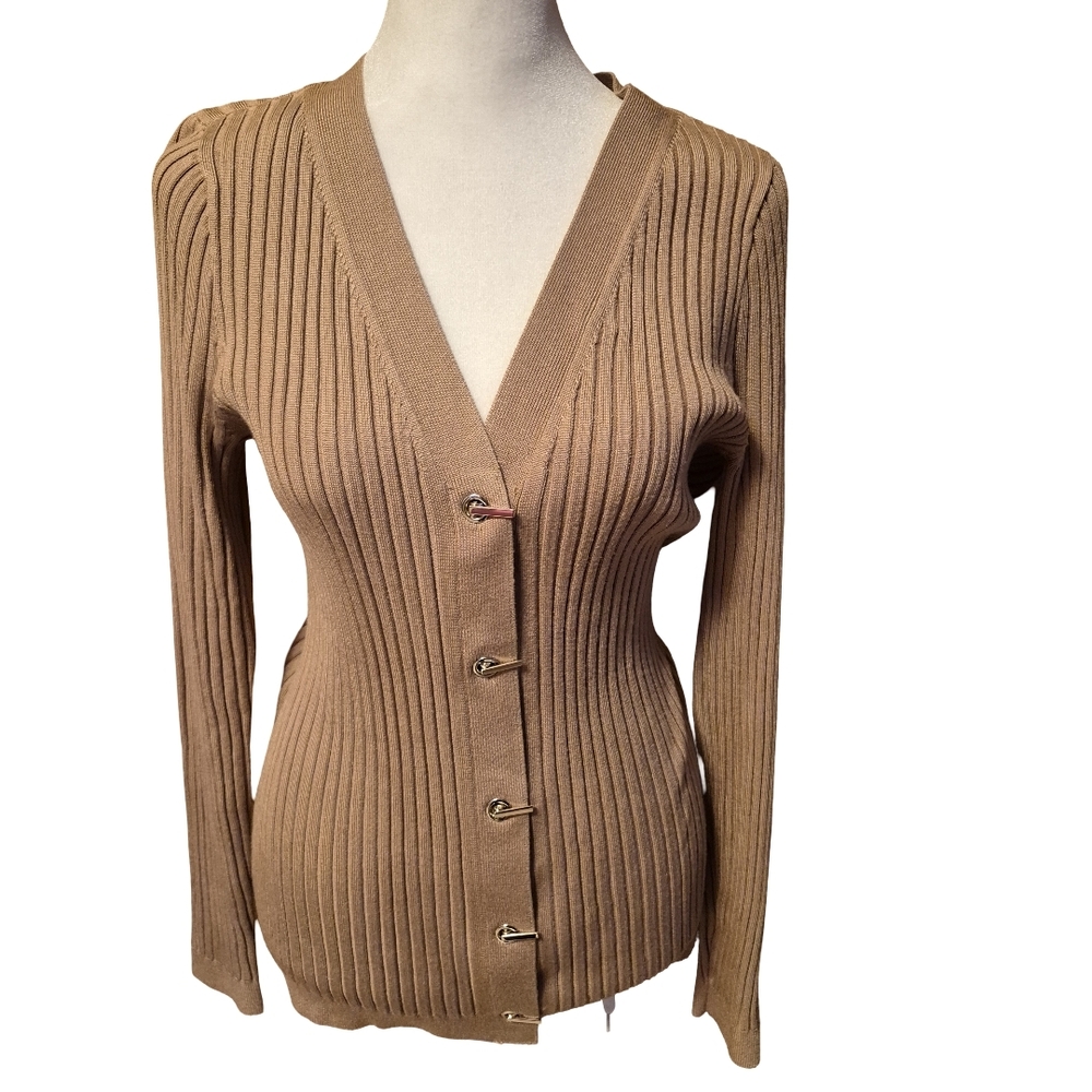 WHBM Women's Ribbed Button-Up Sweater - Tan